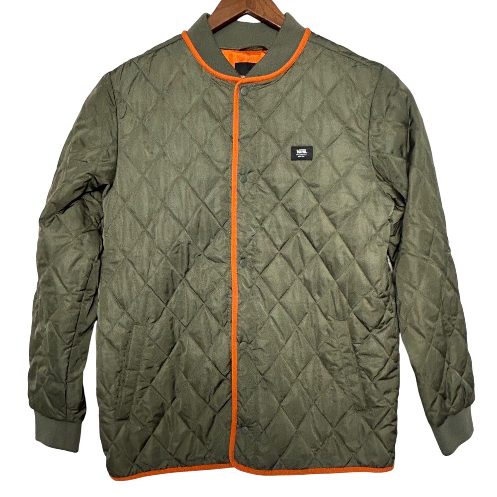 Vans Quilted Bomber‎ Jacket Mens Medium Olive Green Orange Trim Button Up Casual